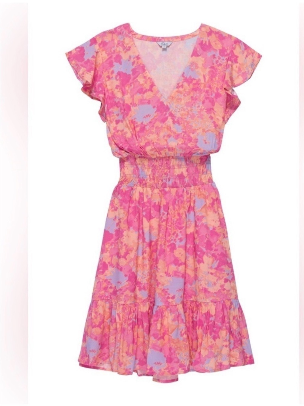 Rails Tara Passion Flower Ruffled Pink & Peach V-Neck Smocked Waist Dress